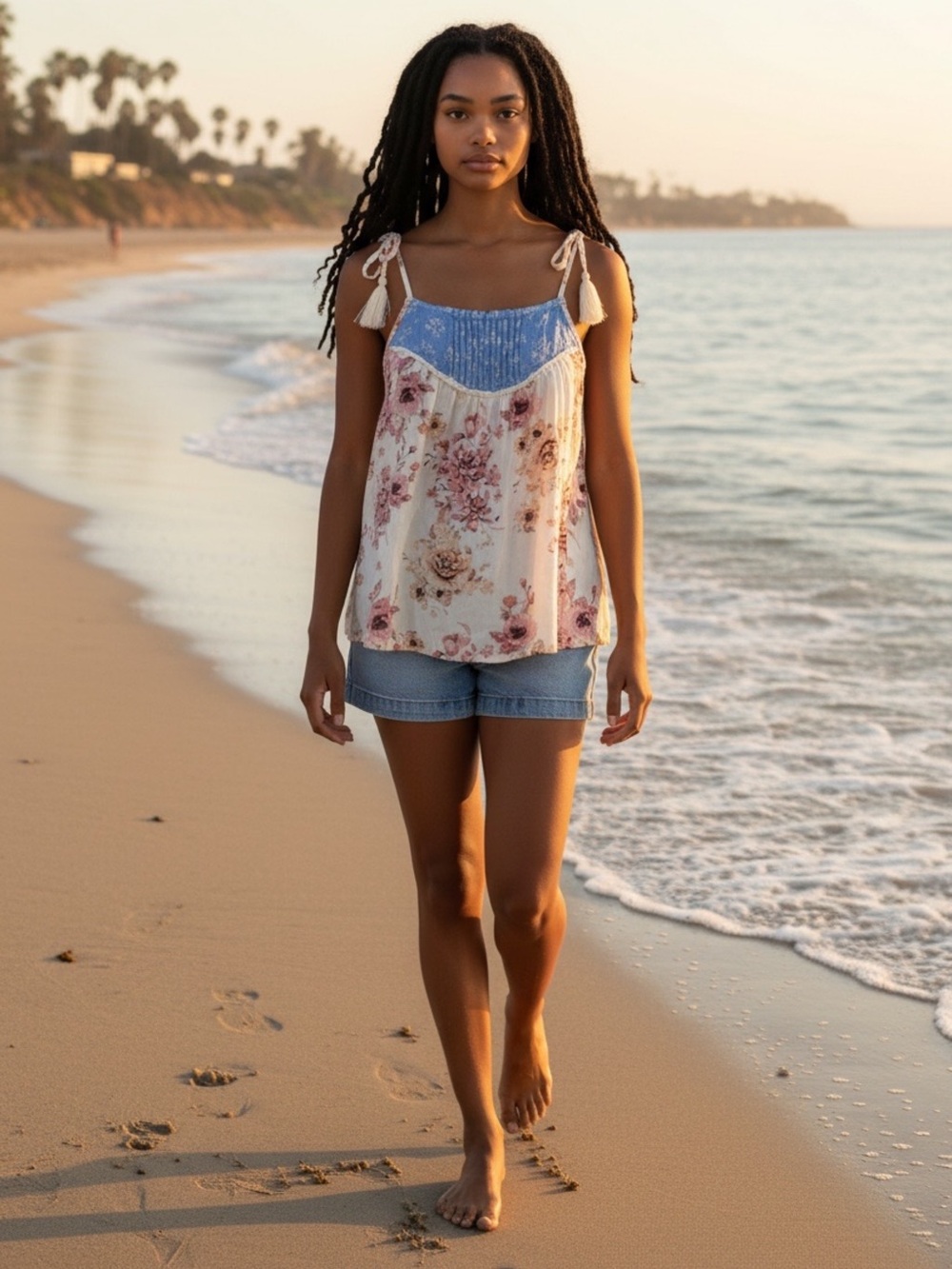 Blue Rain Pink, Blue and Cream Floral Print Shoulder Ties Camisole